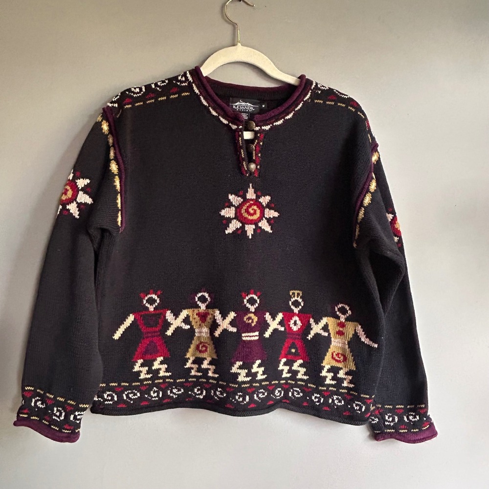 Icelandic Design Womens Navy Cotton Folk Art Sun Dancing Figures Sweater‎ Medium